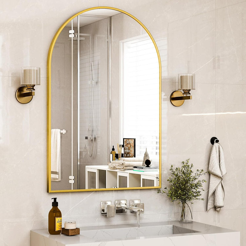 30" x 40" arched wall mirror, gold and black aluminum alloy frame, perfect for the bathroom, living room, bedroom, and entryway