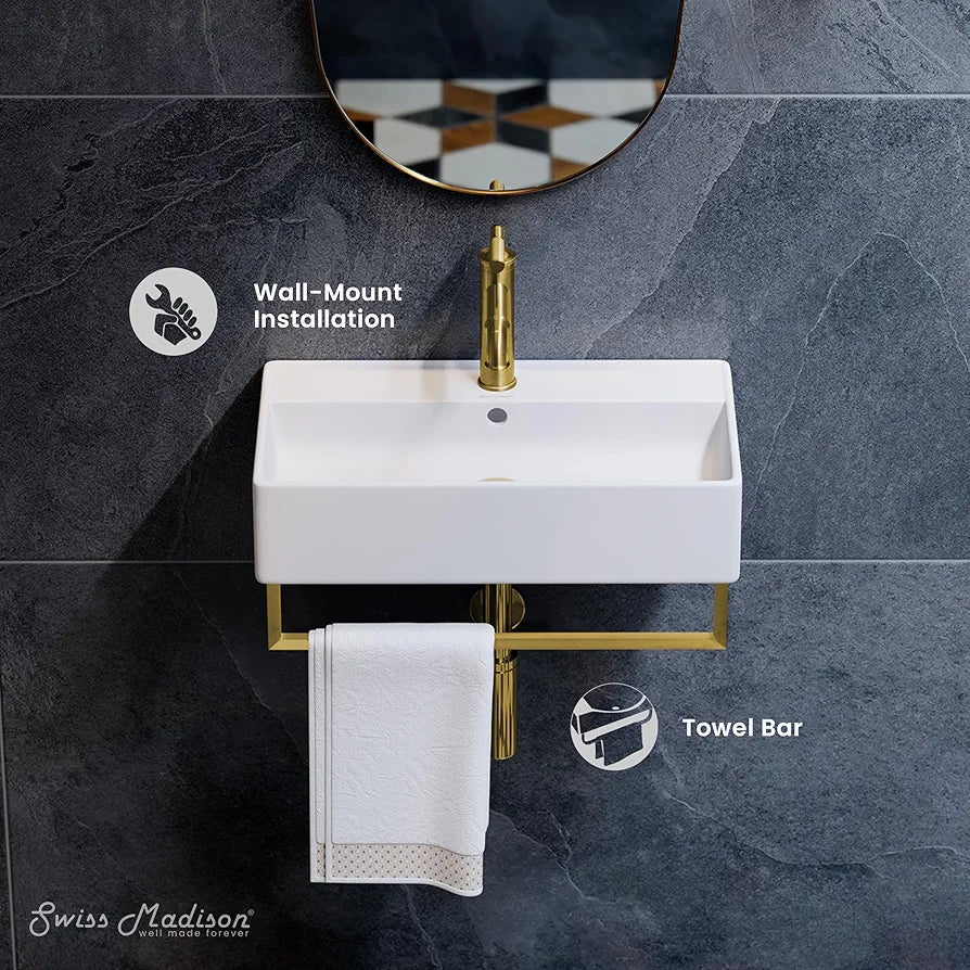 Swiss Madison Claire 22" Wall-Mount Bathroom Sink with Integrated Towel Bar, Rectangular Ceramic Basin, Space-Saving Modern Design, Single Faucet Hole, Glossy White with Brushed Gold