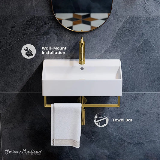Swiss Madison Claire 22" Wall-Mount Bathroom Sink with Integrated Towel Bar, Rectangular Ceramic Basin, Space-Saving Modern Design, Single Faucet Hole, Glossy White with Brushed Gold