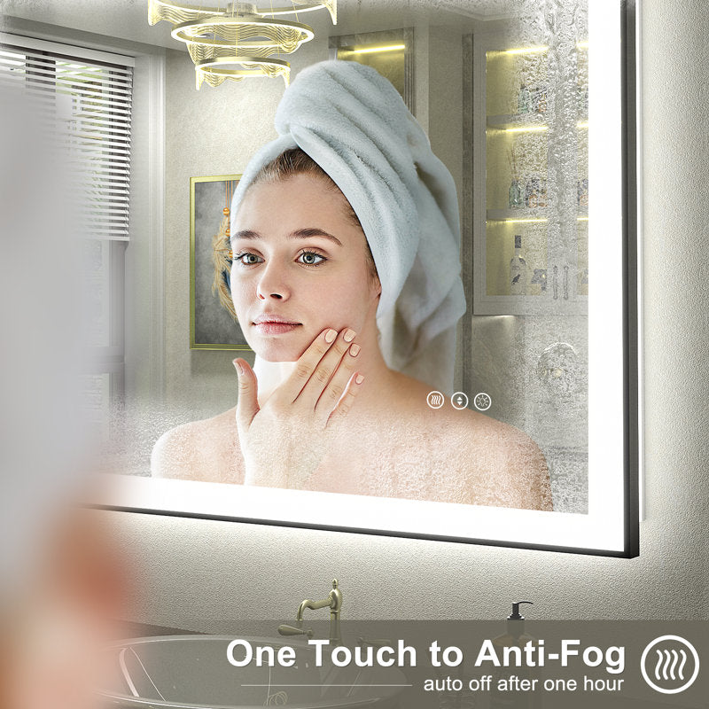 Miroir de salle de bain/coiffeuse Aevar Space en verre trempé antibuée, cadre en aluminium spatial, éclairage LED avant et arrière, 44 x 36 pouces