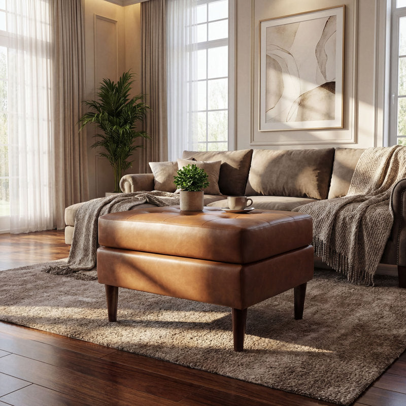 Luna padded footstool in faux leather with quilted pattern and solid wood legs