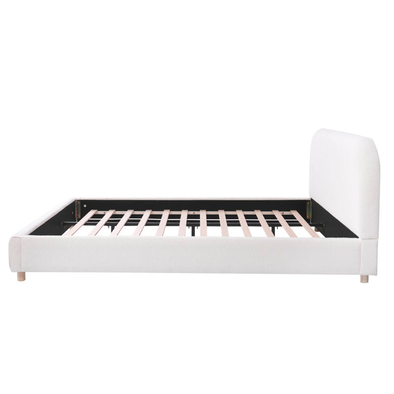Lit plateforme capitonné en tissu bouclé, tête de lit incurvée, blanc, montage facile, format king size blanc