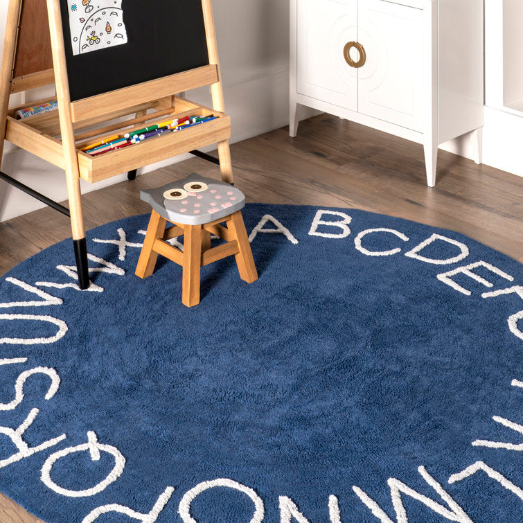 Tapis rond lavable pour enfants avec alphabet, 120 cm de diamètre, bleu