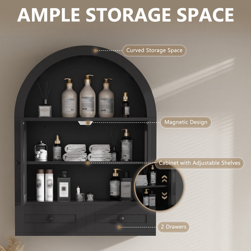 Arched wall cabinet with glass doors and drawers, curved storage cabinet above the toilet with adjustable shelf (black)
