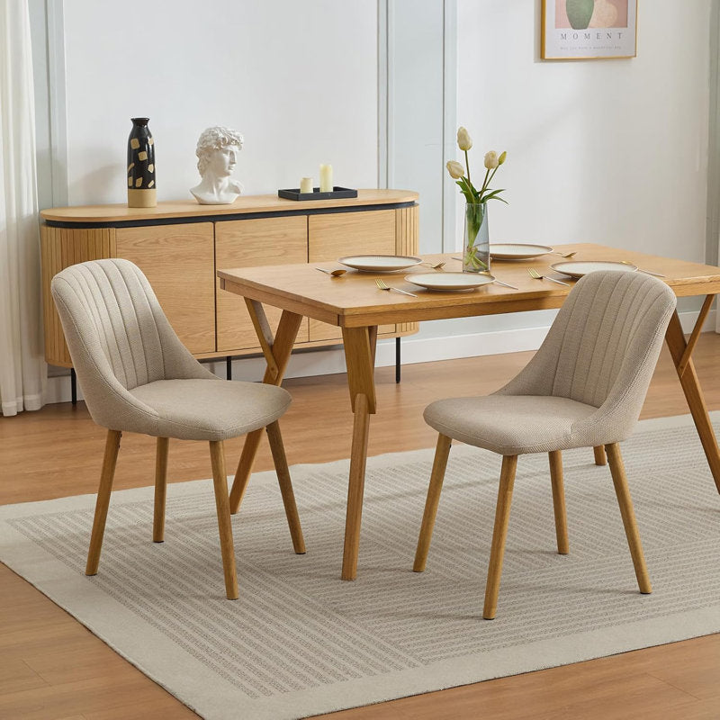 Set of 2 dining chairs, modern fabric upholstered kitchen accent chairs, curved back dining chairs with oak legs, armless dining chair for dining room (beige)