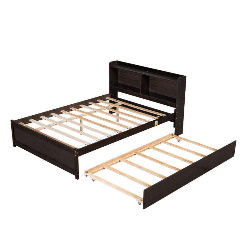 Wooden Bed with Trundle Bed and Bookcase