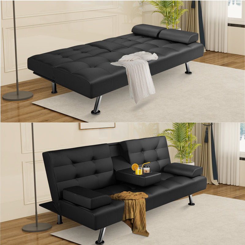 66-inch Convertible Sofa Bed with Click-Clack Cup Holder, Compact Polyurethane Leather Futon for Small Spaces