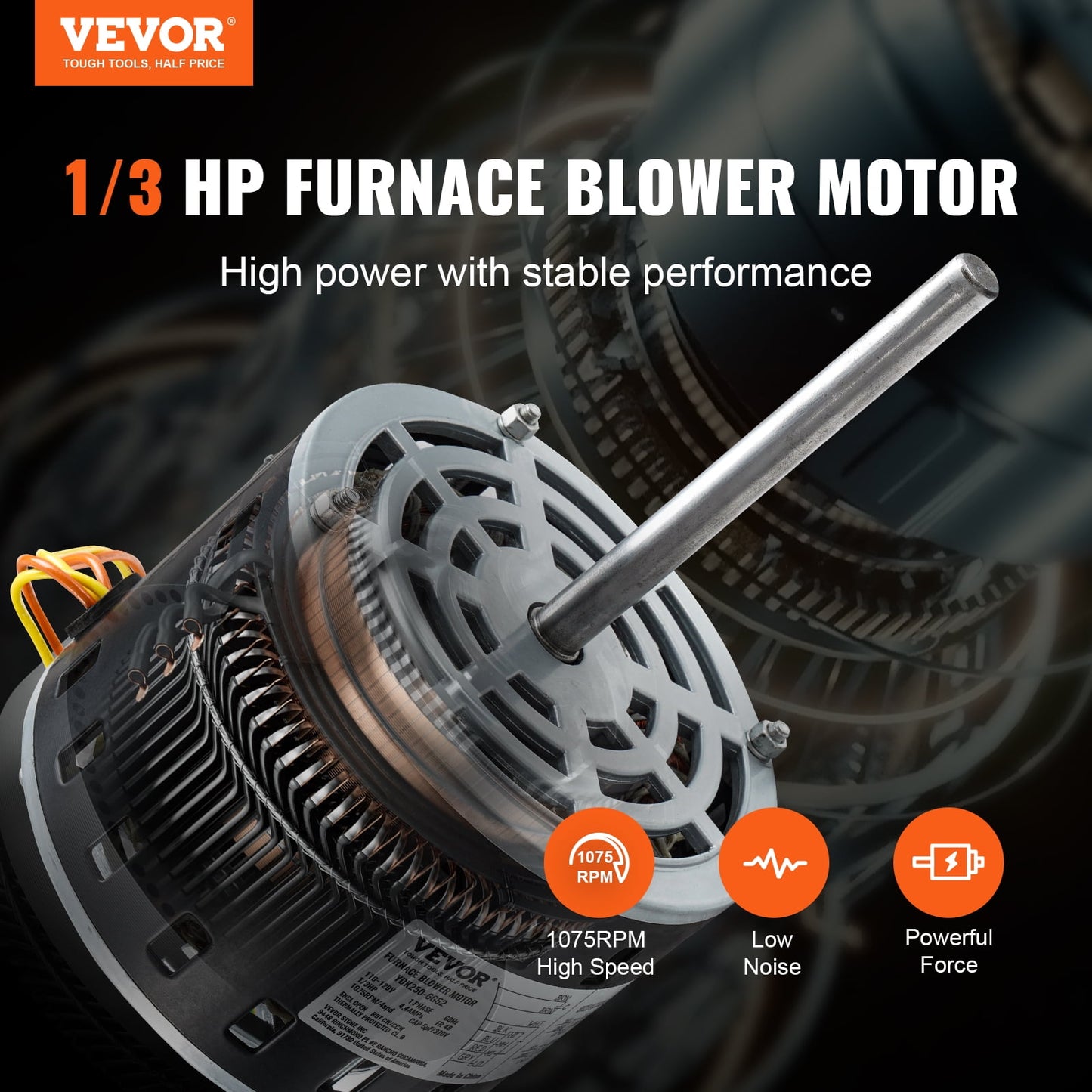 Moteur de ventilateur de fournaise VEVOR 1/3 HP, 110/120 V, 4,4 A, 1075 tr/min, 4 vitesses, rotation horaire/antihoraire, châssis 48, longueur d'arbre 5,2 po, condensateur 5 μF/370 V + anneau de maintien 11 po