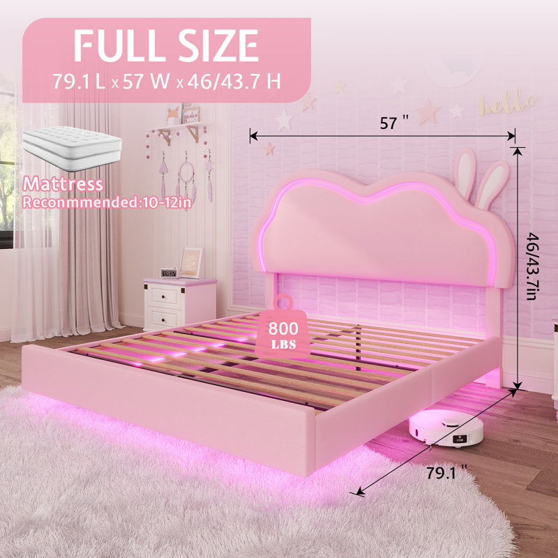 Cadre de lit flottant Zoomie Kids avec tête de lit LED réglable et revêtement en cuir, rose (taille standard)