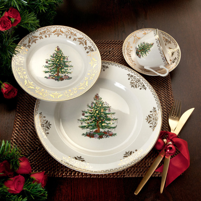 Service de vaisselle en porcelaine dorée « Sapin de Noël » (4 pièces)
