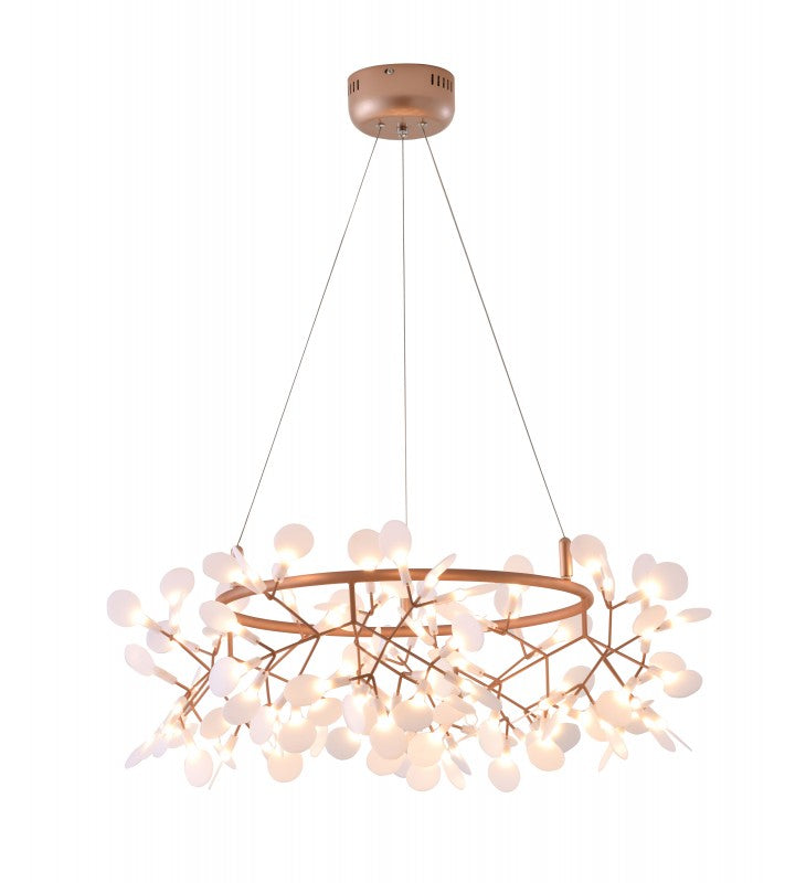 Lustre Safiye LED doré avec pétales en acrylique blanc, chef-d'œuvre en or rose
