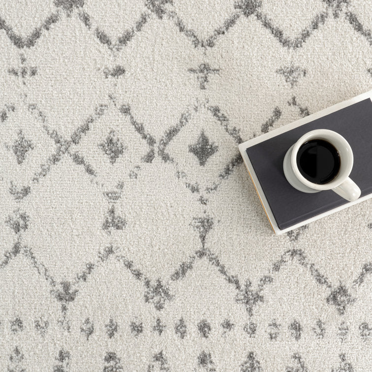 Giannini Moroccan Rug Runner with Grey/Off-White Geometric Pattern 2 ft 8 in x 12 ft