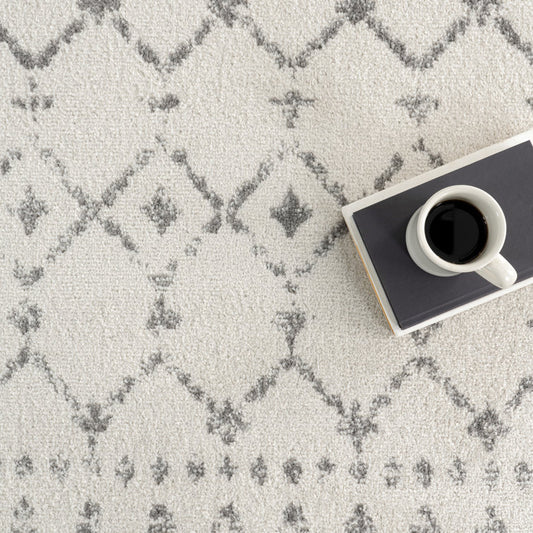 Giannini Moroccan Rug Runner with Grey/Off-White Geometric Pattern 2 ft 8 in x 12 ft