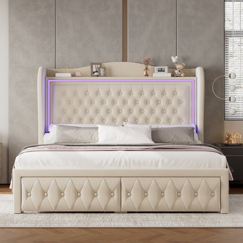 Lit plateforme Kaliya Queen en velours capitonné : tête de lit à oreilles avec éclairage LED et 2 tiroirs de rangement, cadre en bois massif, blanc king size