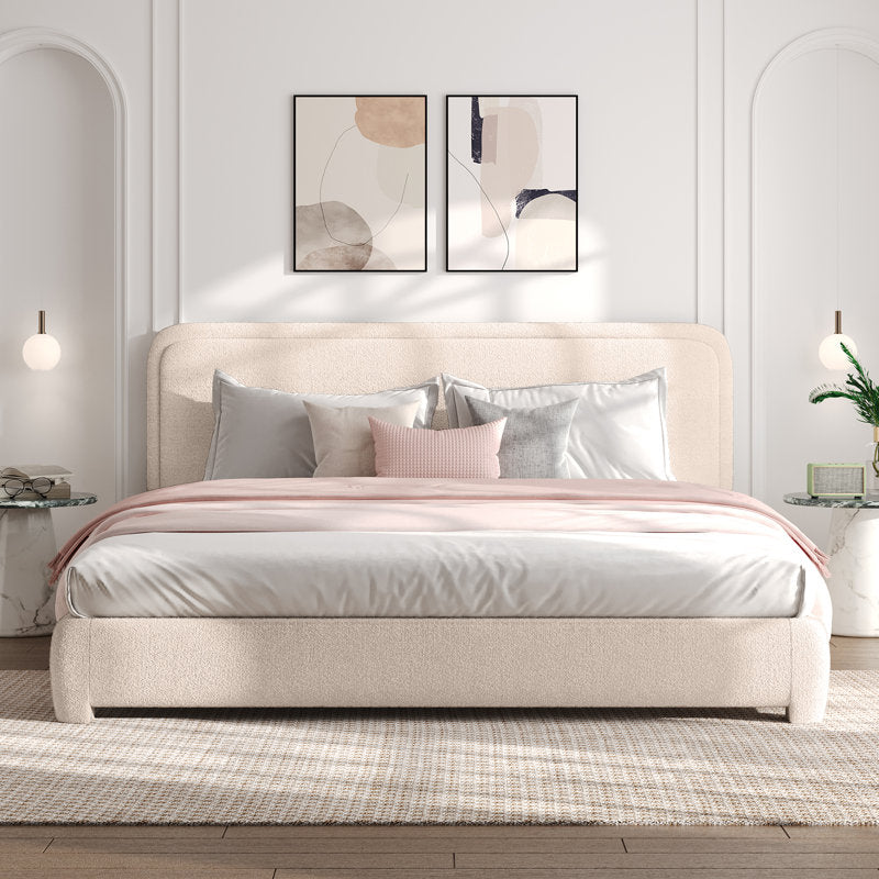 Lit plateforme capitonné Bensu Boucle couleur crème, format king 