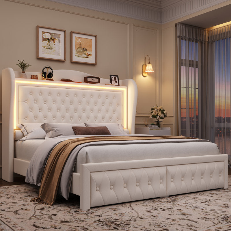 Lit plateforme Kaliya Queen en velours capitonné : tête de lit à oreilles avec éclairage LED et 2 tiroirs de rangement, cadre en bois massif, blanc king size