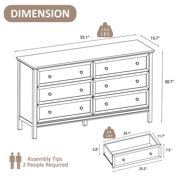 Dresser with 6 Large Drawer for Bedroom,Traditional Adult Chest of Drawers for Living Room,Hallway,Nursery