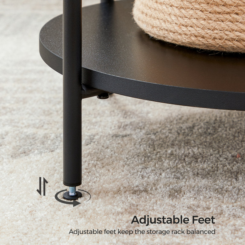 Close-up of a storage rack with adjustable feet on a carpeted floor.