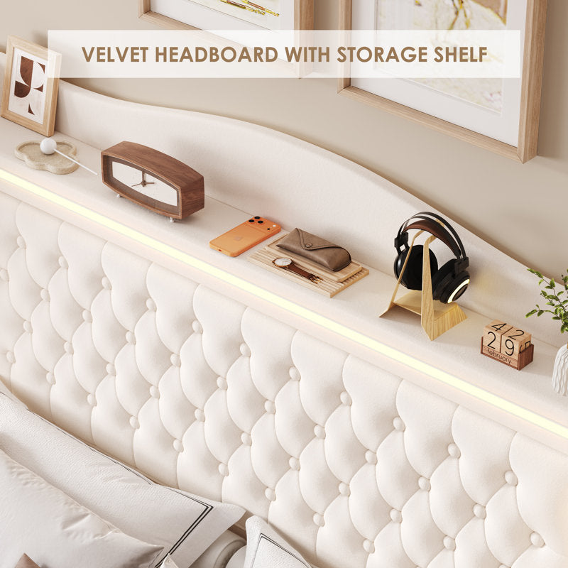 Lit plateforme Kaliya Queen en velours capitonné : tête de lit à oreilles avec éclairage LED et 2 tiroirs de rangement, cadre en bois massif, blanc king size