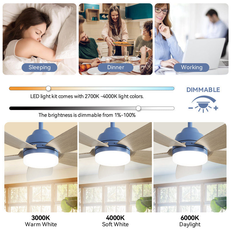 Rita 42" 5-Blade Modern Dark BlueThree-Color Dimmable Ceiling Fan Light with Remote Control