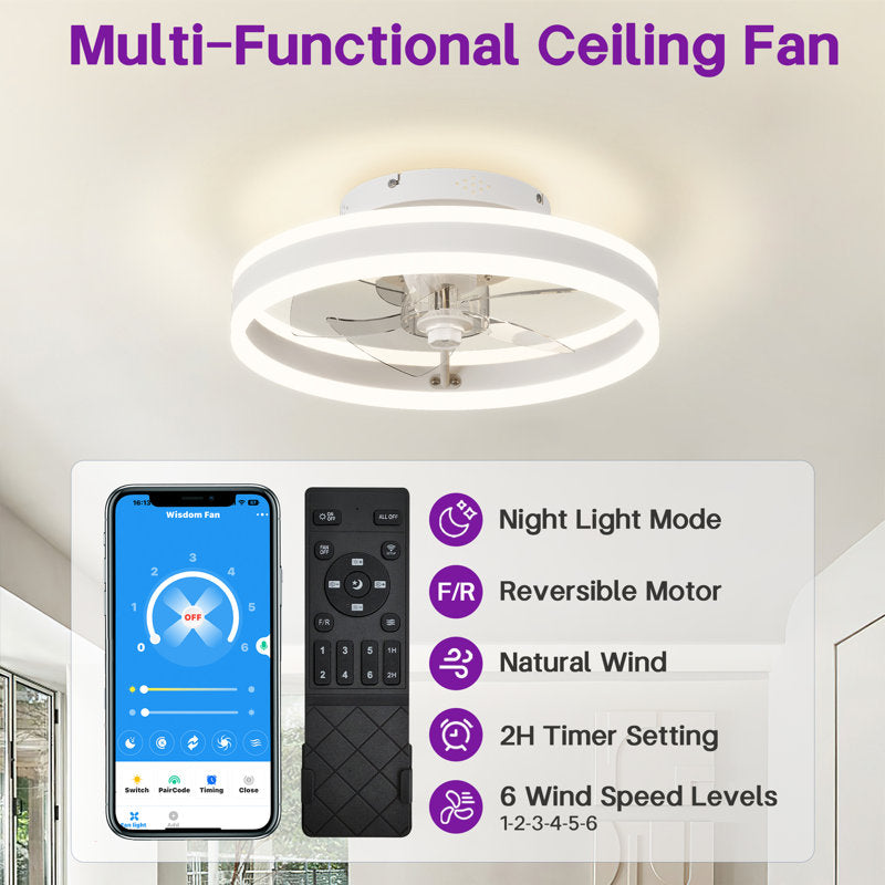 Ventilateur de plafond LED moderne et discret de 40 cm (15,75 po), contrôle par application et télécommande, 6 vitesses, toutes saisons