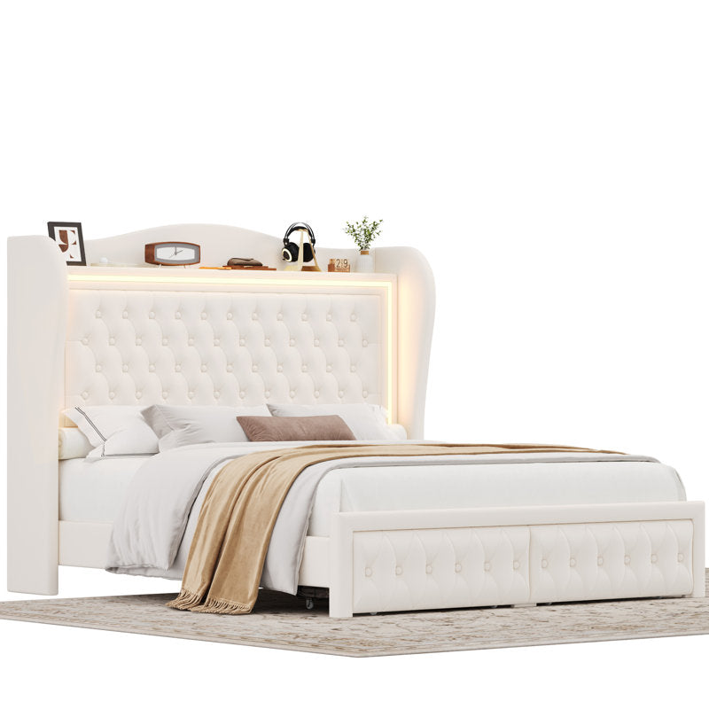 Lit plateforme Kaliya Queen en velours capitonné : tête de lit à oreilles avec éclairage LED et 2 tiroirs de rangement, cadre en bois massif, blanc king size