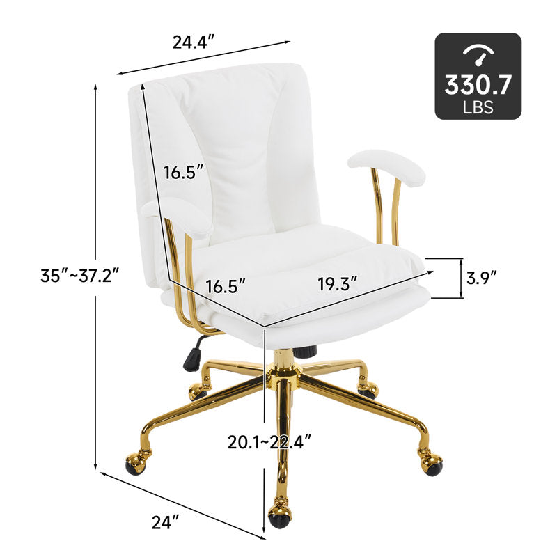 Chaise de bureau pivotante rembourrée en PU de 24 pouces de largeur (blanc et or)