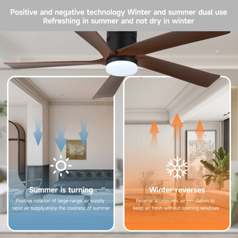 52-inch recessed ceiling fan with lights and remote control, wood grain effect farmhouse fan, stepless dimming, low-profile LED light, 6 speeds, reversible