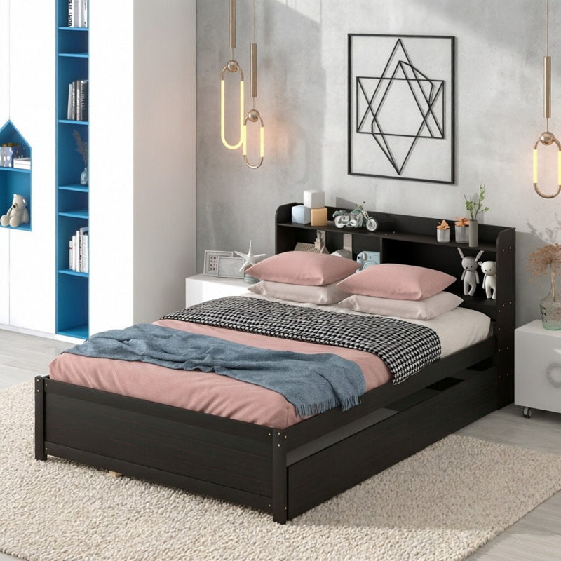 Wooden Bed with Trundle Bed and Bookcase