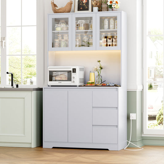 Satavia 70.9'' Kitchen Pantry with LED Lights and Charging Station, Microwave Shelf Grey