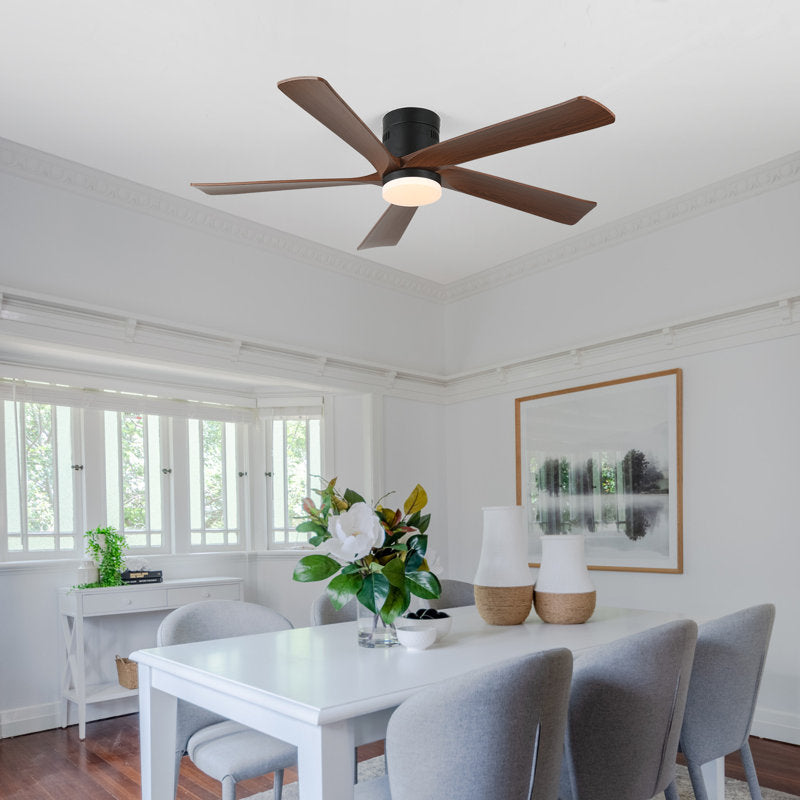 52-inch recessed ceiling fan with lights and remote control, wood grain effect farmhouse fan, stepless dimming, low-profile LED light, 6 speeds, reversible