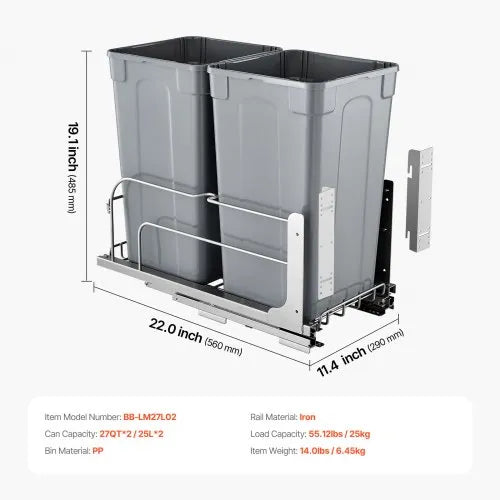 Poubelle de cuisine coulissante double de 27 QT x 2