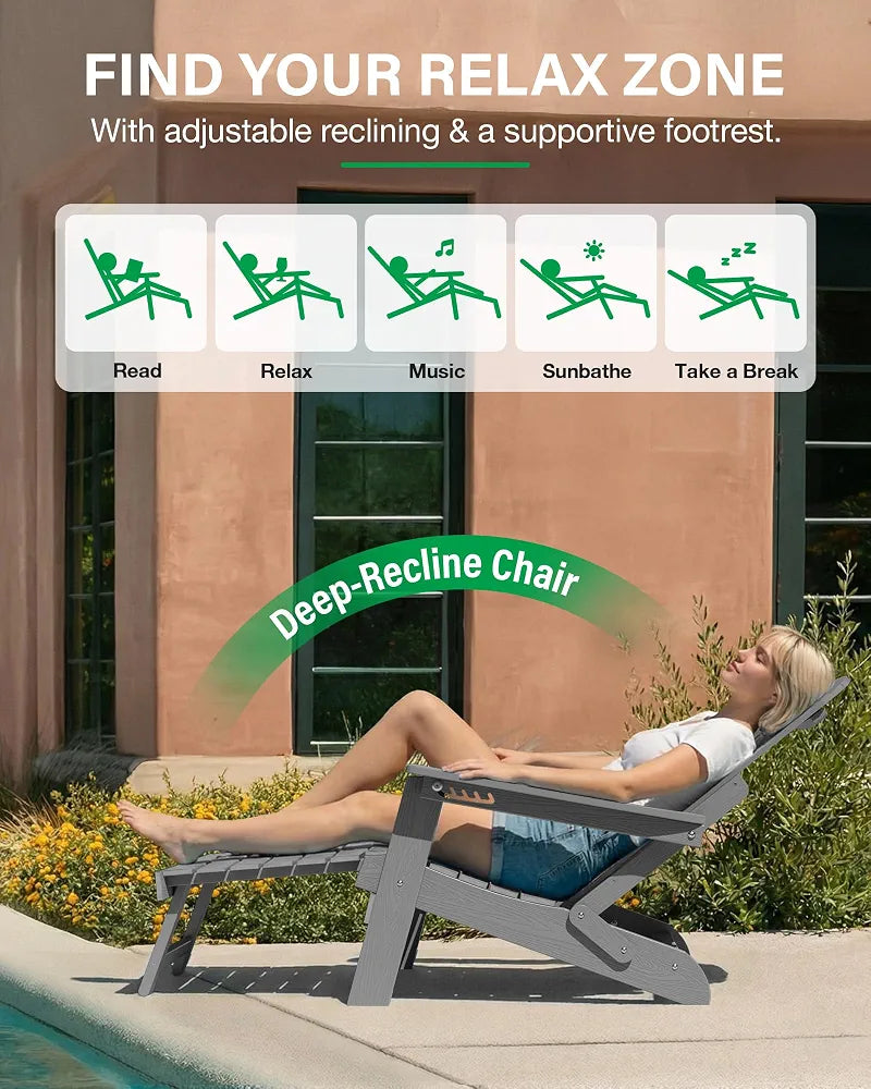 Adjustable Adirondack Chair with Footrest, 5-Level Adjustable Adirondack Chair with Retractable Ottoman & Cup Holder, Folding Adirondacks Chairs Use for Outdoor, Pool and Patio
