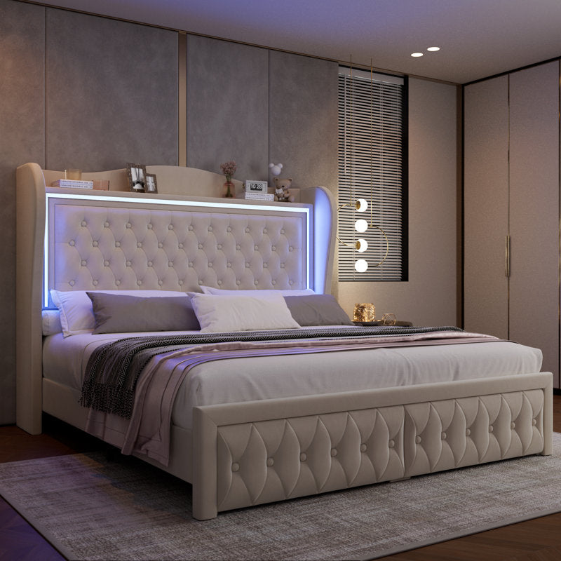 Lit plateforme Kaliya Queen en velours capitonné : tête de lit à oreilles avec éclairage LED et 2 tiroirs de rangement, cadre en bois massif, blanc king size