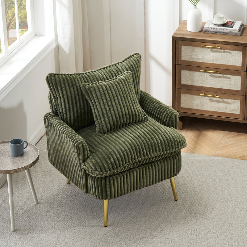 Corduroy Chair with Metal feet and a Throw Pillow (Green)