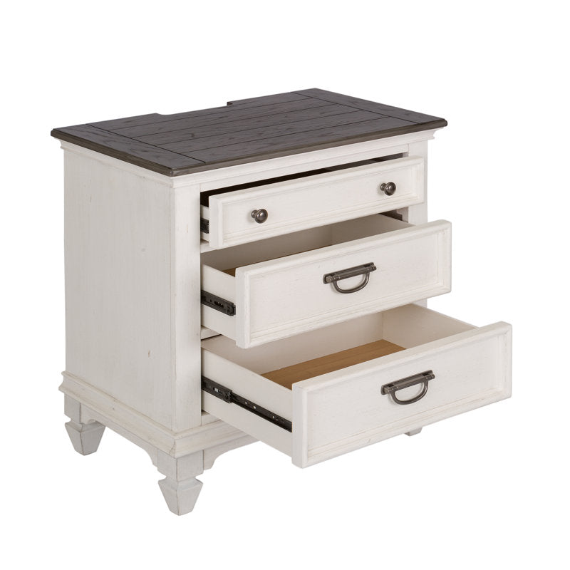Table de chevet Colburn avec station de recharge, plateau gris foncé et base blanche 