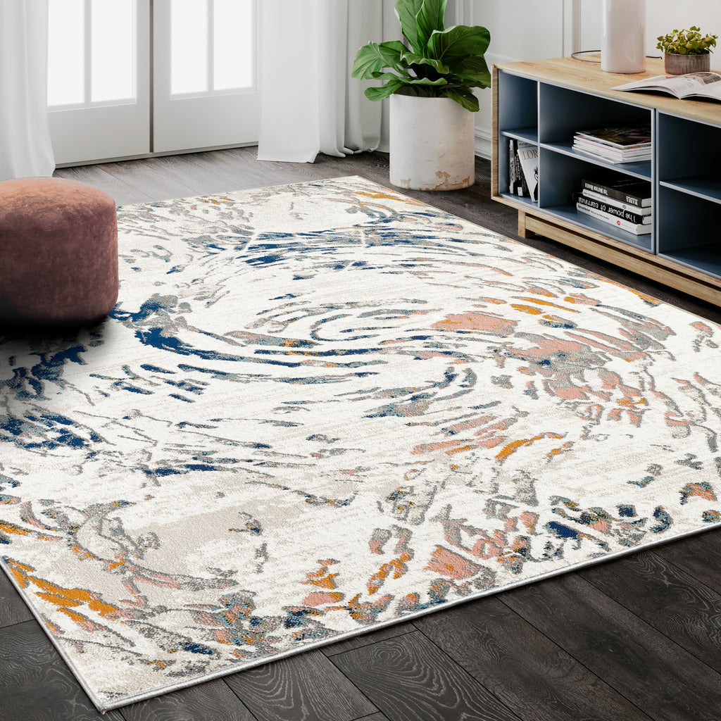 Abani Porto Contemporary Swirl Light Blue and Burnt Orange Area Rug 7'9 x 10'2"