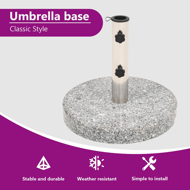 Pied de parasol rond de 20 kg avec poignées, plaque en granit, tuyau en acier inoxydable, granit gris 40 cm x 36,5 cm