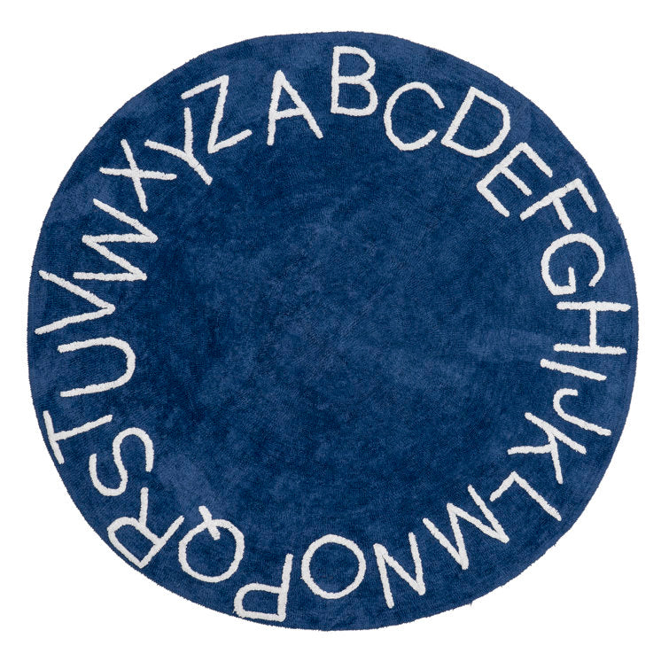 Tapis rond lavable pour enfants avec alphabet, 120 cm de diamètre, bleu