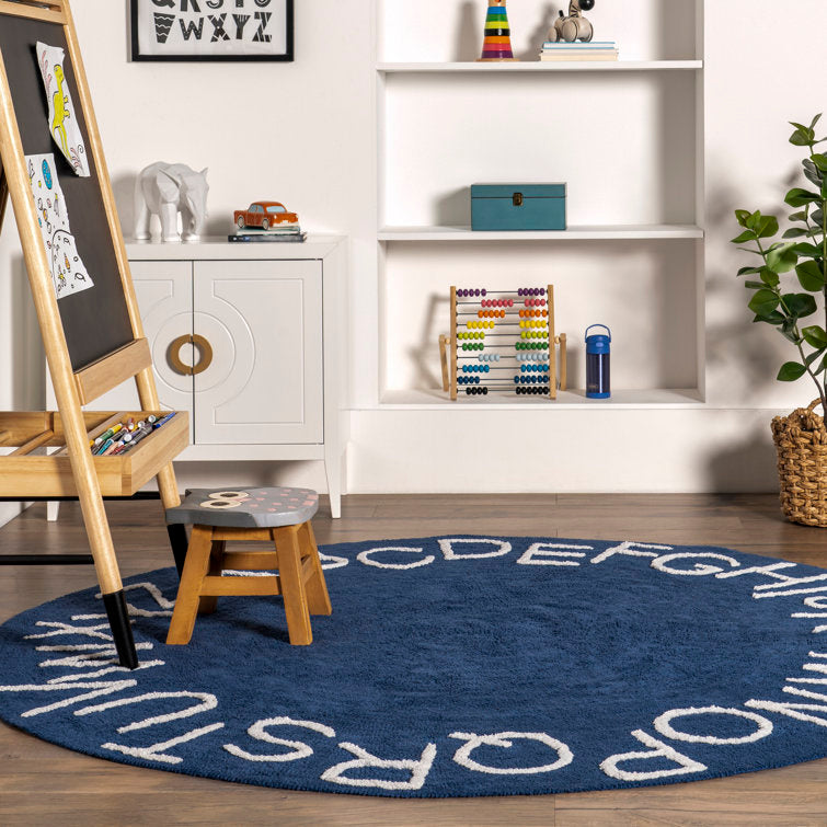 Tapis rond lavable pour enfants avec alphabet, 120 cm de diamètre, bleu