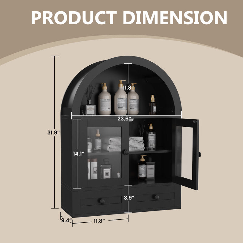 Arched wall cabinet with glass doors and drawers, curved storage cabinet above the toilet with adjustable shelf (black)