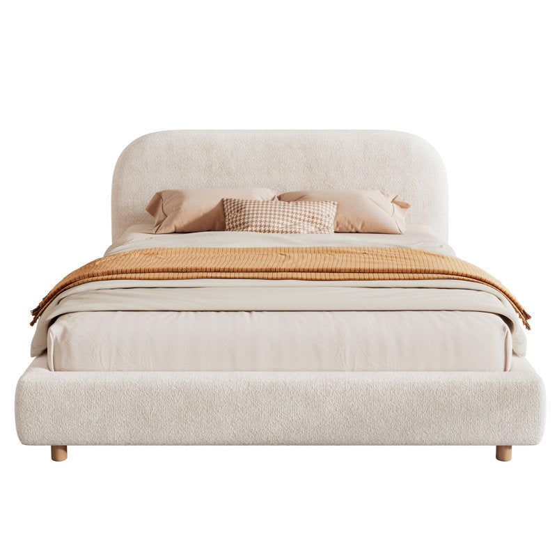 Lit plateforme capitonné en tissu bouclé, tête de lit incurvée, blanc, montage facile, format king size blanc