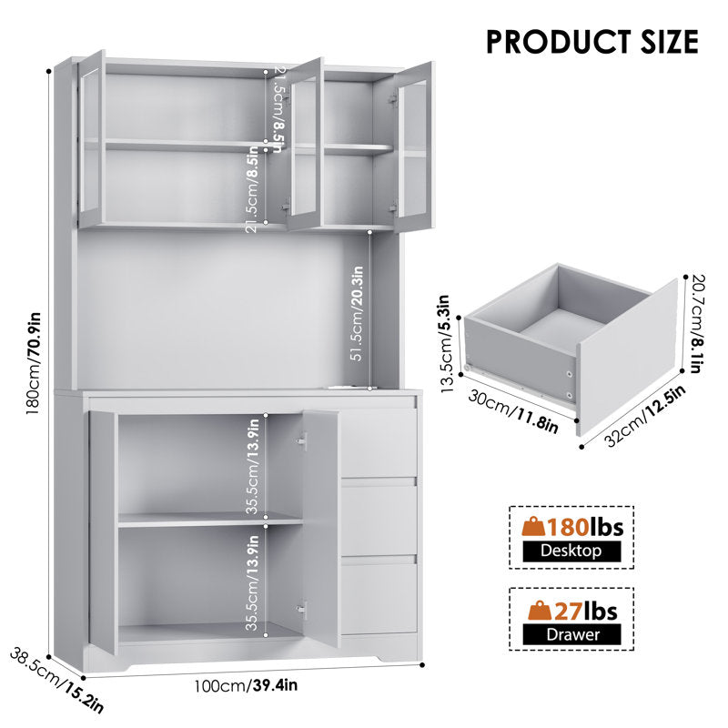 Garde-manger Satavia 70,9 po avec éclairage LED, station de recharge et étagère pour micro-ondes, gris