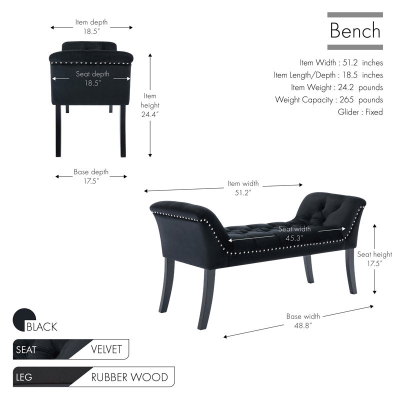 Banc capitonné en velours noir avec pieds en bois d'hévéa