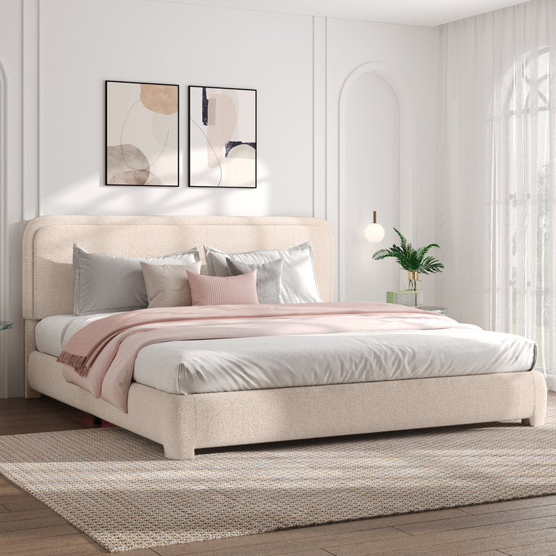 Lit plateforme capitonné Bensu Boucle couleur crème, format king 