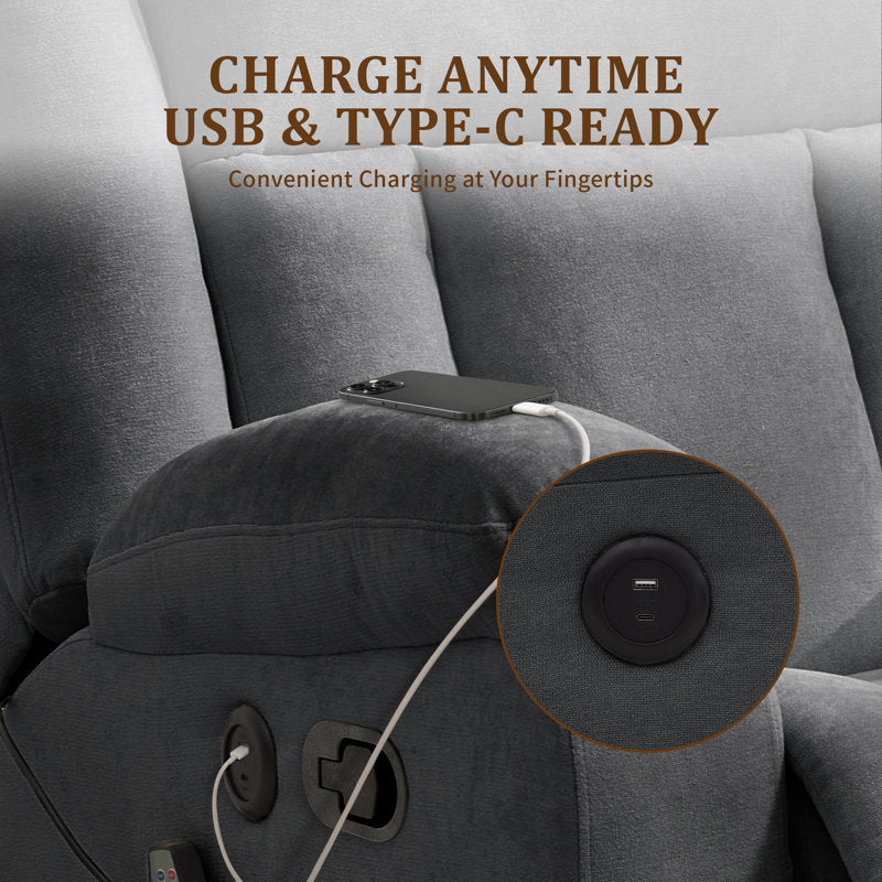Recliner chair, rocking recliner with heat and massage, 360° swivel recliner for adults with side pocket and USB ports