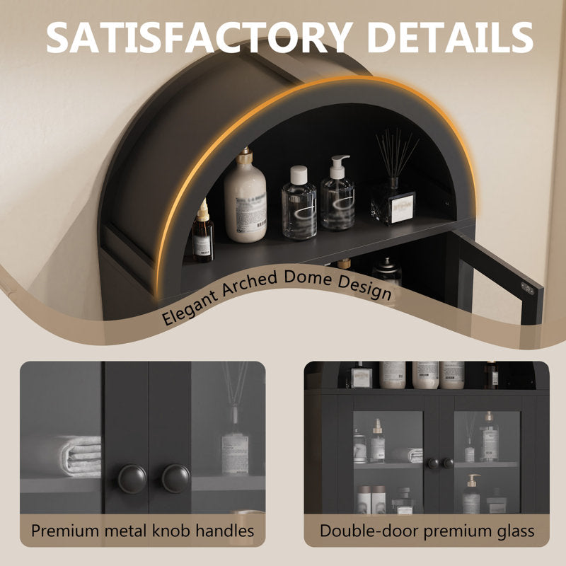 Arched wall cabinet with glass doors and drawers, curved storage cabinet above the toilet with adjustable shelf (black)