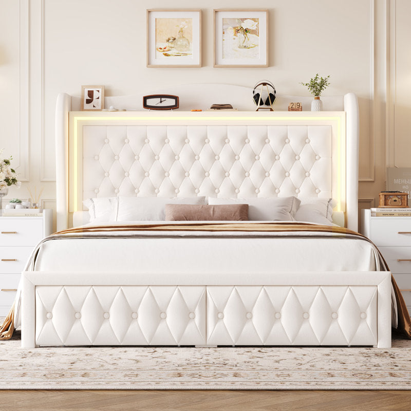 Lit plateforme Kaliya Queen en velours capitonné : tête de lit à oreilles avec éclairage LED et 2 tiroirs de rangement, cadre en bois massif, blanc king size