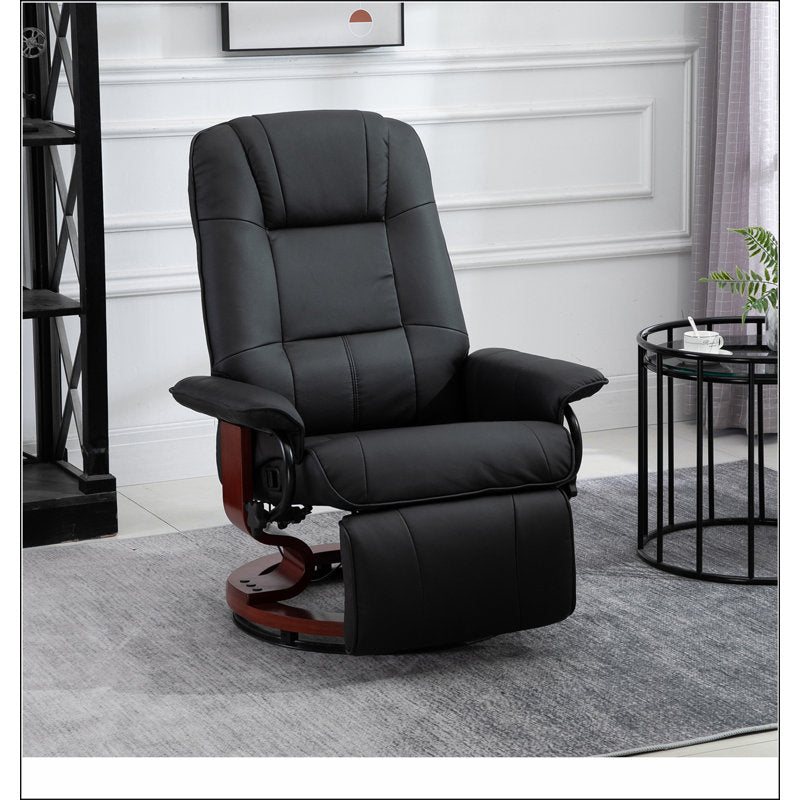 Fauteuil inclinable manuel en similicuir, fauteuil de salon pivotant réglable avec repose-pieds, accoudoirs et base en bois recouvert pour le salon