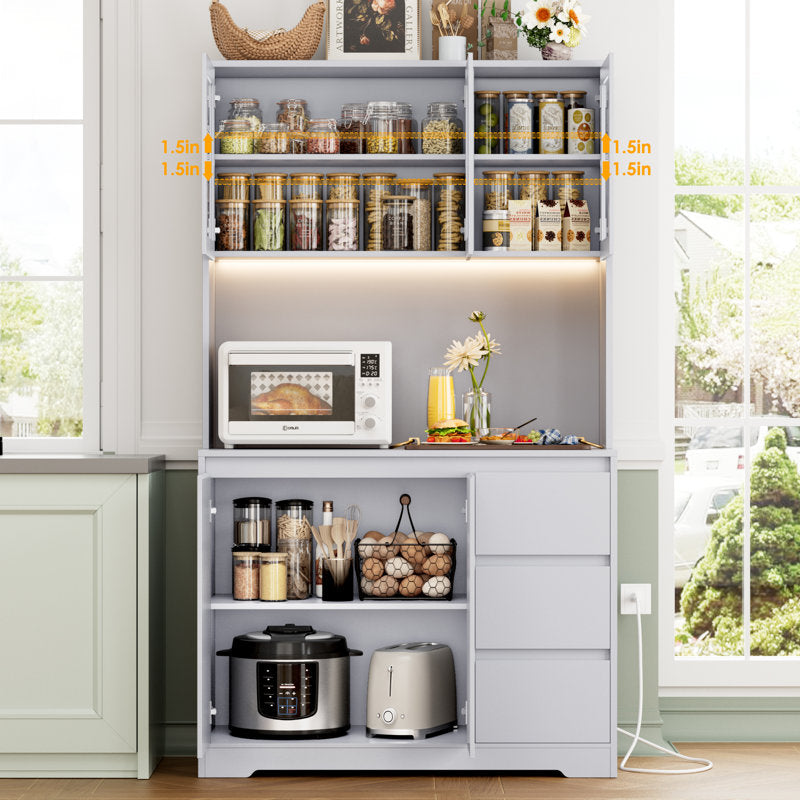 Garde-manger Satavia 70,9 po avec éclairage LED, station de recharge et étagère pour micro-ondes, gris